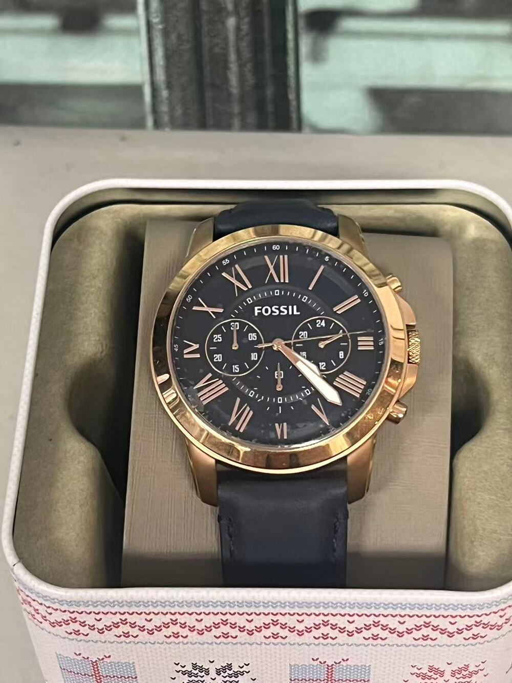 Fossil FS4835 Grant Mens Rose Gold Chrono Navy Leather Black Roman Dial